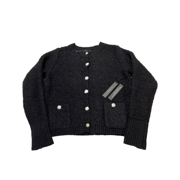 Tahari Sweater Blazer Womens M Black Fuzzy Knit Sliver Buttons Classic Capsule - Picture 1 of 8